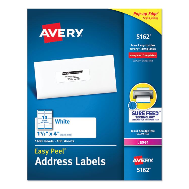 Avery Easy Peel White Address Labels w/ Sure Feed Technology, Laser Printers, 1.33 x 4, White, 14/Sheet, 100 Sheets/Box (AVE5162) Box of 1400