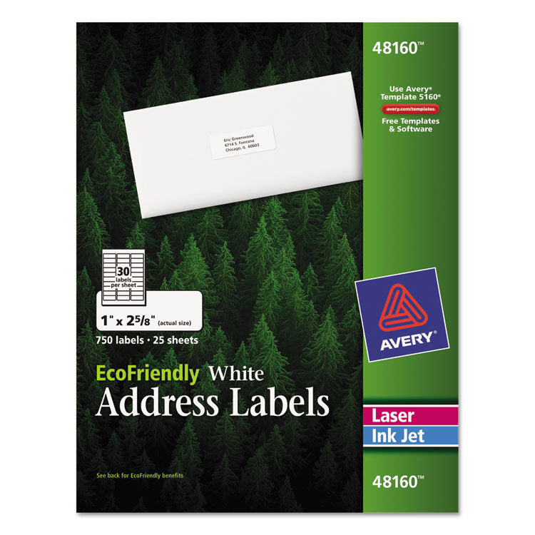 Avery EcoFriendly Mailing Labels, Inkjet/Laser Printers, 1 x 2.63, White, 30/Sheet, 25 Sheets/Pack (AVE48160) Pack of 750