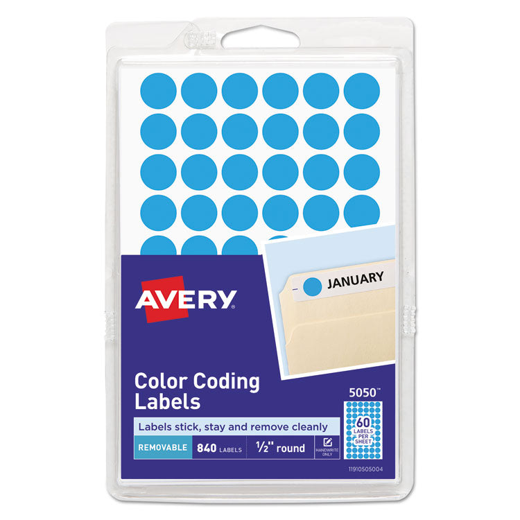 Avery Handwrite Only Self-Adhesive Removable Round Color-Coding Labels, 0.5" dia, Light Blue, 60/Sheet, 14 Sheets/Pack, (5050) (AVE05050) Pack of 800