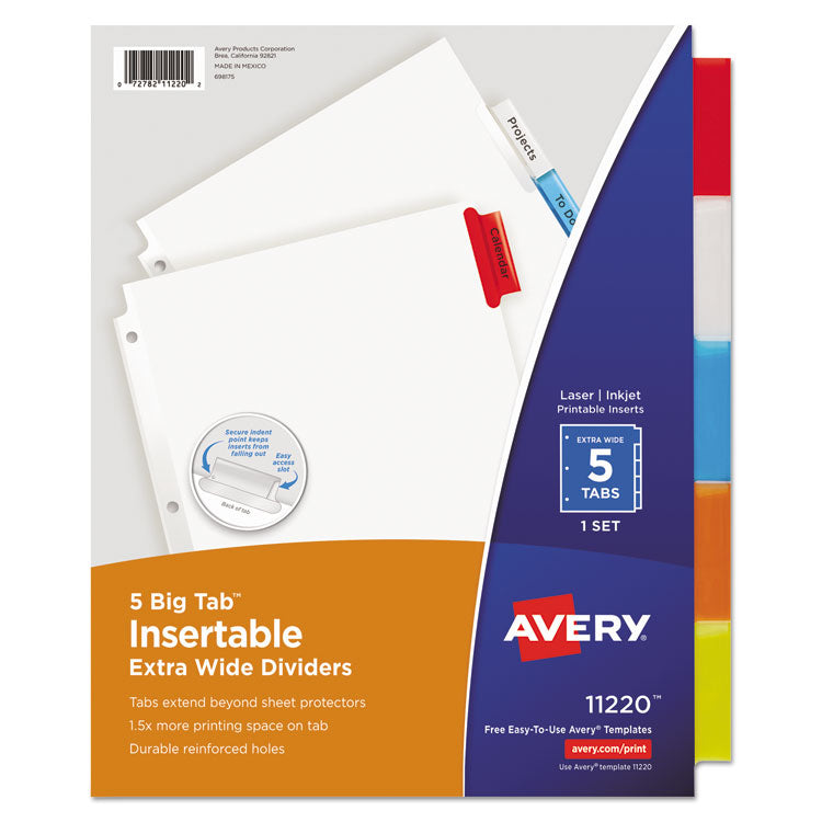 Avery Insertable Big Tab Dividers, 5-Tab, Single-Sided Copper Edge Reinforcing, 11.13 x 9.25, White, Assorted Tabs, 1 Set (AVE11220) Set of 5