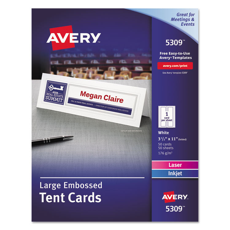 Avery Large Embossed Tent Card, White, 3.5 x 11, 1 Card/Sheet, 50 Sheets/Box (AVE5309) Each
