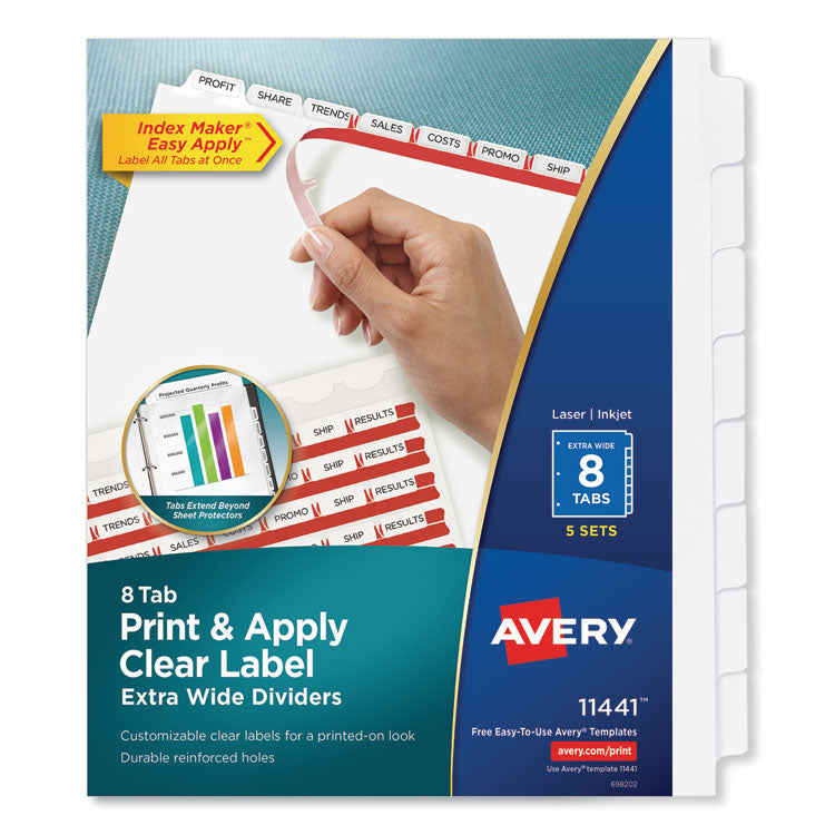 Avery Print and Apply Index Maker Clear Label Dividers, Extra Wide Tabs, 8-Tab, 11.25 x 9.25, White, 5 Sets (AVE11441) 5 Sets of 8