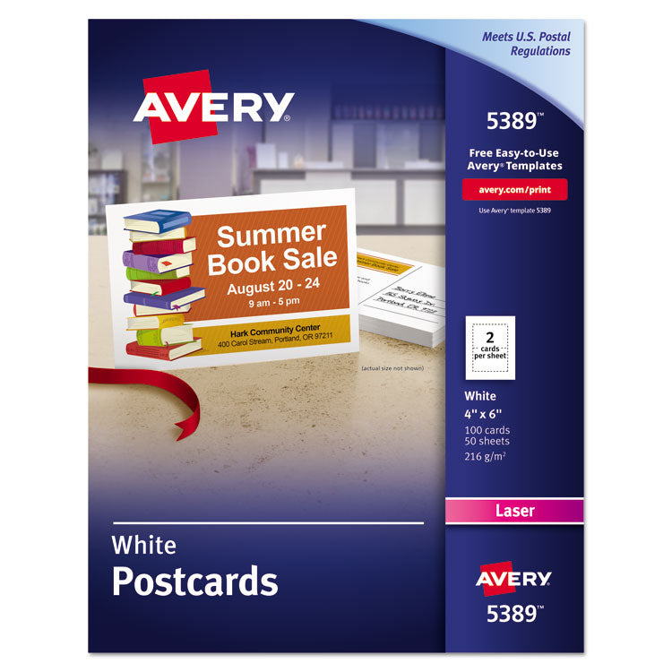 Avery Printable Postcards, Laser, 80 lb, 4 x 6, Uncoated White, 100 Cards, 2/Cards/Sheet, 50 Sheets/Box (AVE5389) Each