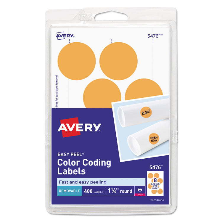 Avery Printable Self-Adhesive Removable Color-Coding Labels, 1.25" dia, Neon Orange, 8/Sheet, 50 Sheets/Pack, (5476) (AVE05476) Pack of 400