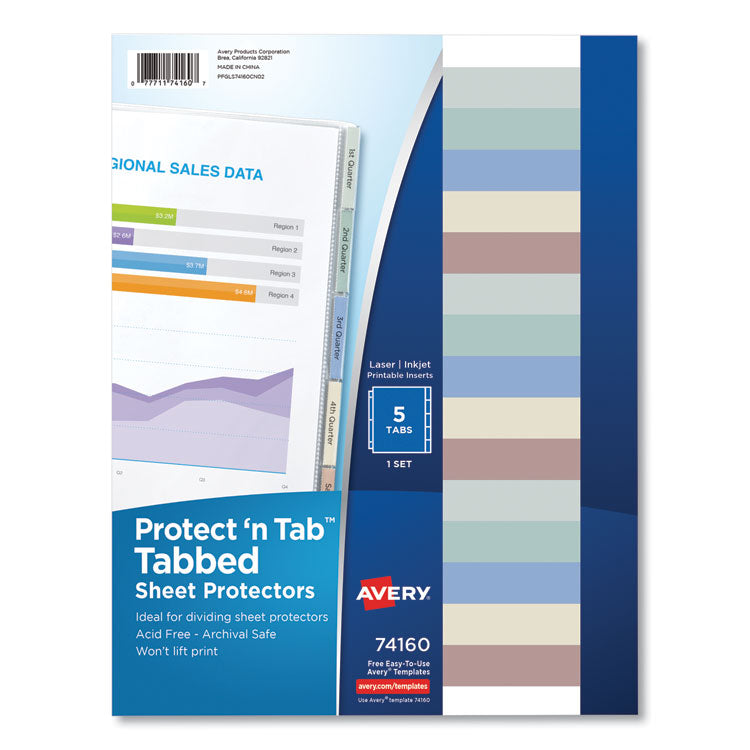 Avery Protect 'n Tab Top-Load Clear Sheet Protectors w/Five Tabs, Letter (AVE74160) Pack of 5