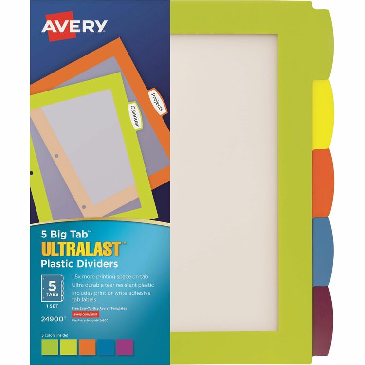 Avery® Big Tab Ultralast Plastic Dividers, Multicolor, 5-Tab, 8 1/2 x 11 (AVE24900) Set of 5