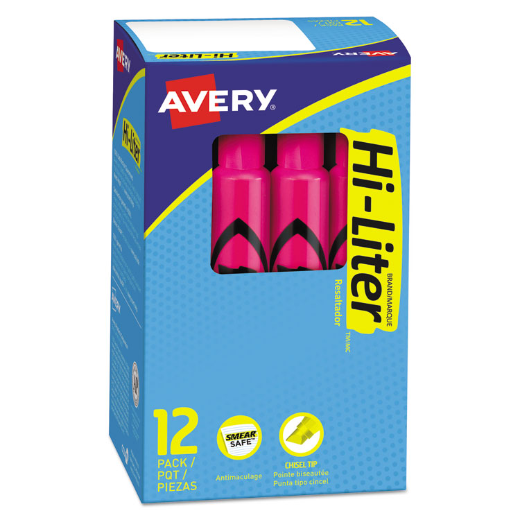Avery HI-LITER Desk-Style Highlighters, Fluorescent Pink Ink, Chisel Tip, Pink/Black Barrel, Dozen (AVE24010) Box of 12