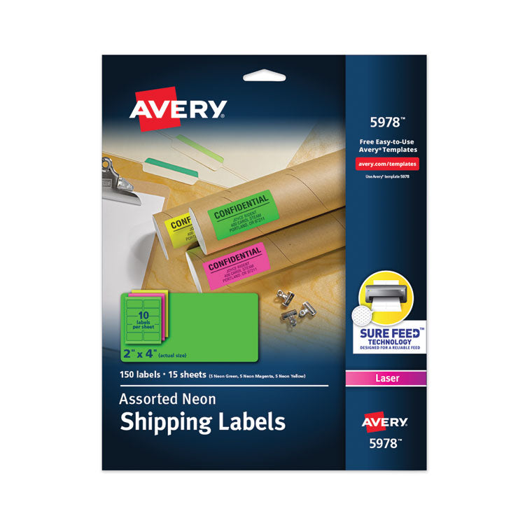 Avery High-Visibility Permanent Laser ID Labels, 2 x 4, Asst. Neon, 150/Pack (AVE5978) Pack of 150