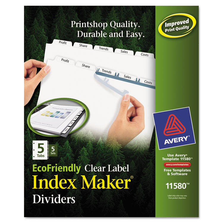 Avery Index Maker EcoFriendly Print and Apply Clear Label Dividers with White Tabs, 5-Tab, 11 x 8.5, White, 5 Sets (AVE11580) Pack of 5