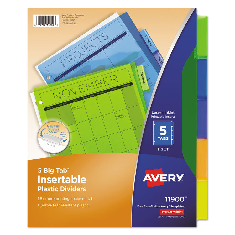 Avery Insertable Big Tab Plastic Dividers, 5-Tab, 11 x 8.5, Assorted, 1 Set (AVE11900) Set of 5