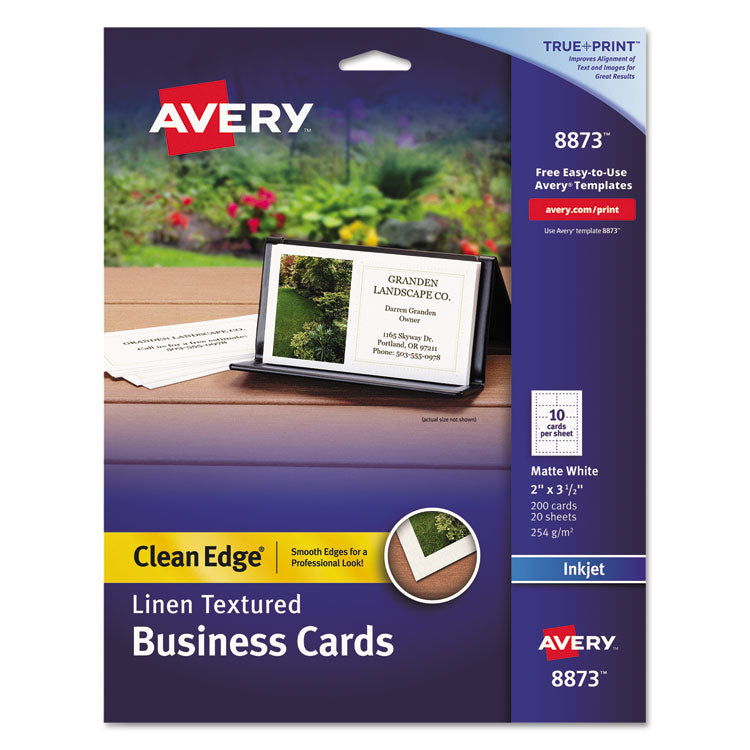 Avery Linen Texture True Print Business Cards, Inkjet, 2 x 3.5, White, 200 Cards, 10 Cards/Sheet, 20 Sheets/Pack (AVE8873) Pack of 200