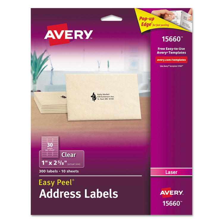 Avery Matte Clear Easy Peel Mailing Labels w/ Sure Feed Technology, Laser Printers, 1 x 2.63, Clear, 30/Sheet, 10 Sheets/Pack (AVE15660) 10 Sheets of 30 Labels