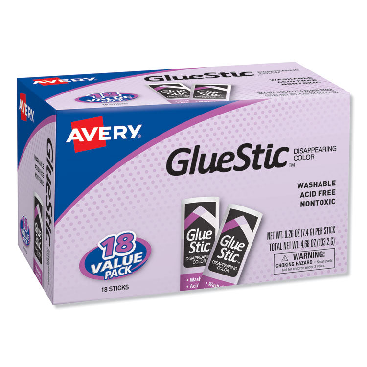 Avery Permanent Glue Stic Value Pack, 0.26 oz, Applies Purple, Dries Clear, 18/Pack (AVE98079) Pack of 18