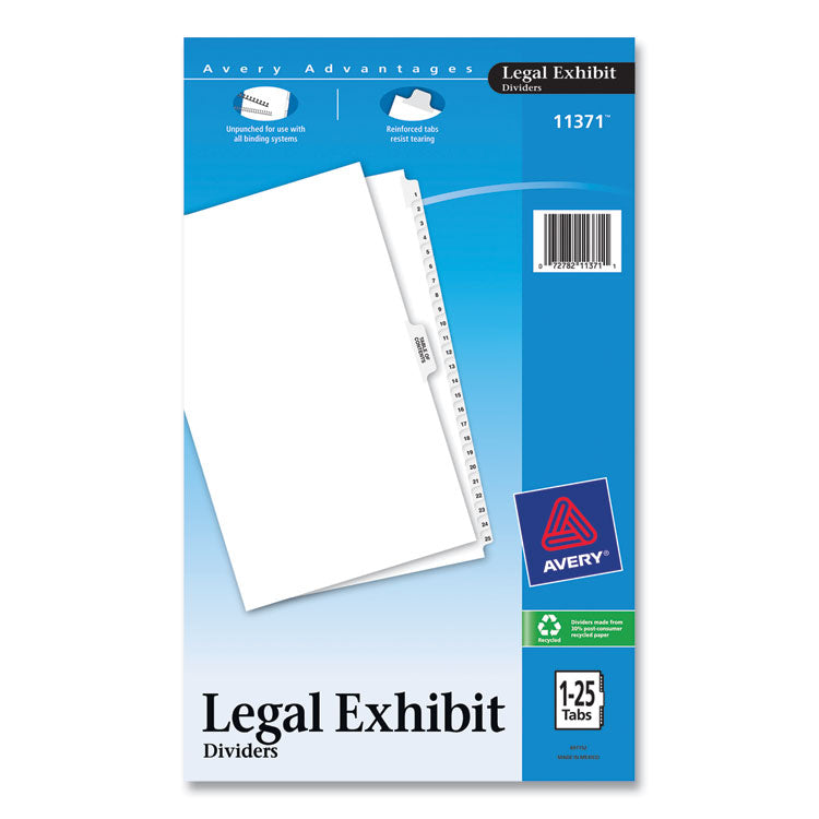 Avery Preprinted Legal Exhibit Side Tab Index Dividers, Avery Style, 26-Tab, 1 to 25, 14 x 8.5, White, 1 Set (AVE11371) Set of 26