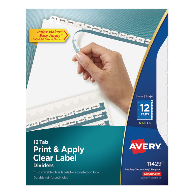 Avery Print and Apply Index Maker Clear Label Dividers, 12-Tab, White Tabs, 11 x 8.5, White, 5 Sets (AVE11429) 5 Sets of 12