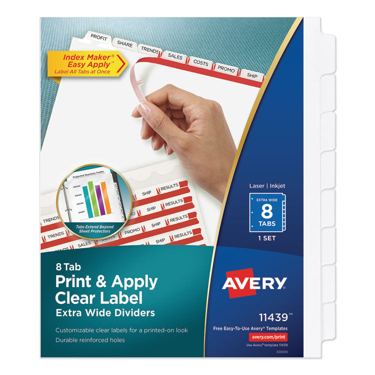 Avery Print and Apply Index Maker Clear Label Dividers, Extra Wide Tab, 8-Tab, 11.25 x 9.25, White, 1 Set (AVE11439) Set of 8