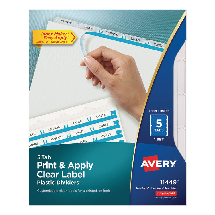 Avery Print and Apply Index Maker Clear Label Plastic Dividers w/Printable Label Strip, 5-Tab, 11 x 8.5, Frosted Clear Tabs, 1 Set (AVE11449) Set of 5