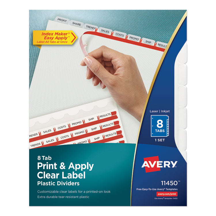 Avery Print and Apply Index Maker Clear Label Plastic Dividers w/Printable Label Strip, 8-Tab, 11 x 8.5, Frosted Clear Tabs, 1 Set (AVE11450) Set of 8