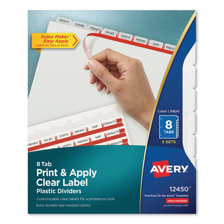 Avery Print and Apply Index Maker Clear Label Plastic Dividers w/Printable Label Strip, 8-Tab, 11 x 8.5, Frosted Clear Tabs, 5 Sets (AVE12450) 5 Sets of 8