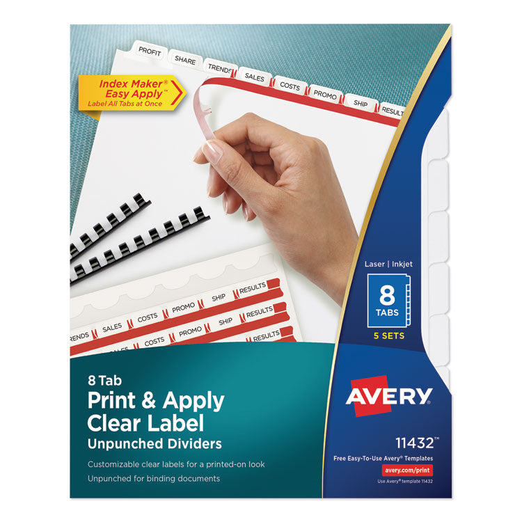 Avery Print and Apply Index Maker Clear Label Unpunched Dividers, 8-Tab, 11 x 8.5, White, 5 Sets (AVE11432) Pack of 5