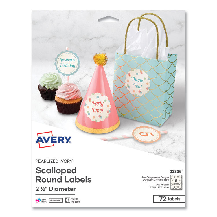 Avery Print-to-the Edge Labels w/Scalloped Edge, 2 1/2" dia, Pearl Ivory, 72/PK (AVE22836) Pack of 72