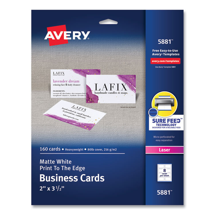 Avery Print-to-the-Edge Microperf Business Cards w/Sure Feed Technology, Color Laser, 2x3.5, White, 160 Cards, 8/Sheet,20 Sheets/PK (AVE5881) Pack of 160