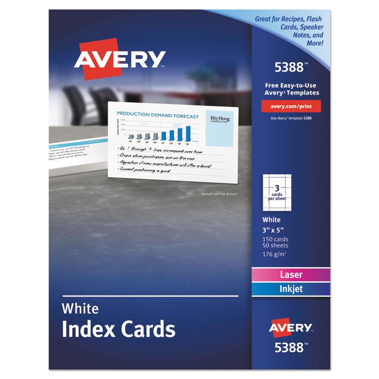 Avery Printable Index Cards with Sure Feed, Unruled, Inkjet/Laser, 3 x 5, White, 150 Cards, 3 Cards/Sheet, 50 Sheets/Box (AVE5388) Pack of 150