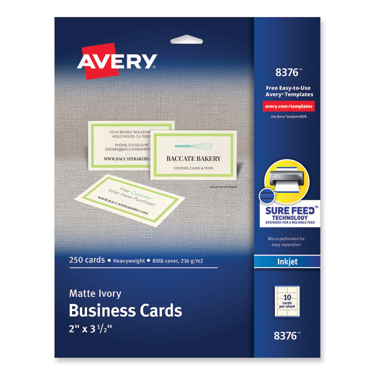 Avery Printable Microperforated Business Cards w/Sure Feed Technology, Inkjet, 2 x 3.5, Ivory, 250 Cards, 10/Sheet, 25 Sheets/Pack (AVE8376) Pack of 250