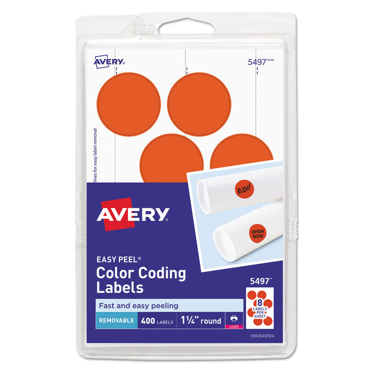 Avery Printable Self-Adhesive Removable Color-Coding Labels, 1.25" dia, Neon Red, 8/Sheet, 50 Sheets/Pack, (5497) (AVE05497) Pack of 400