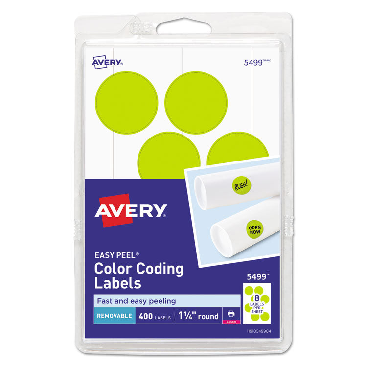 Avery Printable Self-Adhesive Removable Color-Coding Labels, 1.25" dia, Neon Yellow, 8/Sheet, 50 Sheets/Pack, (5499) (AVE05499) Pack of 400