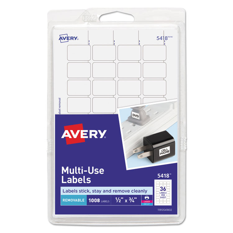 Avery Removable Multi-Use Labels, Inkjet/Laser Printers, 0.5 x 0.75, White, 36/Sheet, 28 Sheets/Pack, (5418) (AVE05418) Pack of 1000