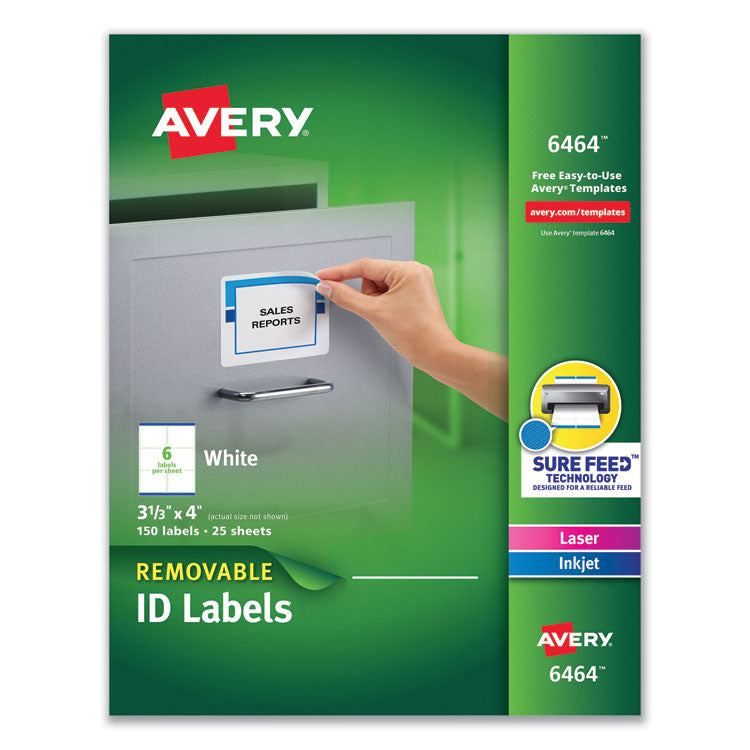 Avery Removable Multi-Use Labels, Inkjet/Laser Printers, 3.33 x 4, White, 6/Sheet, 25 Sheets/Pack (AVE6464) Pack of 150