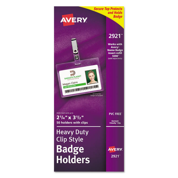 Avery Secure Top Clip-Style Badge Holders, Horizontal, 2 1/4 x 3 1/2, Clear, 50/Box (AVE2921) Box of 50