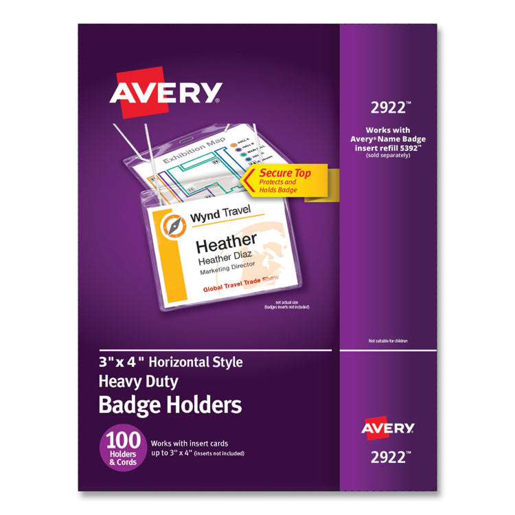 Avery Secure Top Hanging-Style Badge Holders, Horizontal, 4w x 3h, Clear, 100/Box (AVE2922) Box of 100 Badge Holders