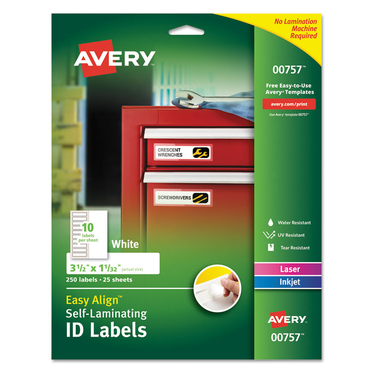 Avery Self-Laminating ID Labels, Inkjet/Laser Printers, 1.332 x 3.5, White, 10/Sheet, 25 Sheets/Pack (AVE00757) Pack of 250