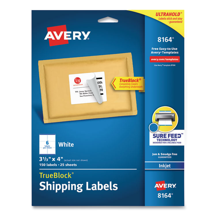 Avery Shipping Labels w/ TrueBlock Technology, Inkjet Printers, 3.33 x 4, White, 6/Sheet, 25 Sheets/Pack (AVE8164) Pack of 150