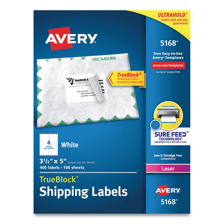 Avery Shipping Labels w/ TrueBlock Technology, Laser Printers, 3.5 x 5, White, 4/Sheet, 100 Sheets/Box (AVE5168) Box of 400