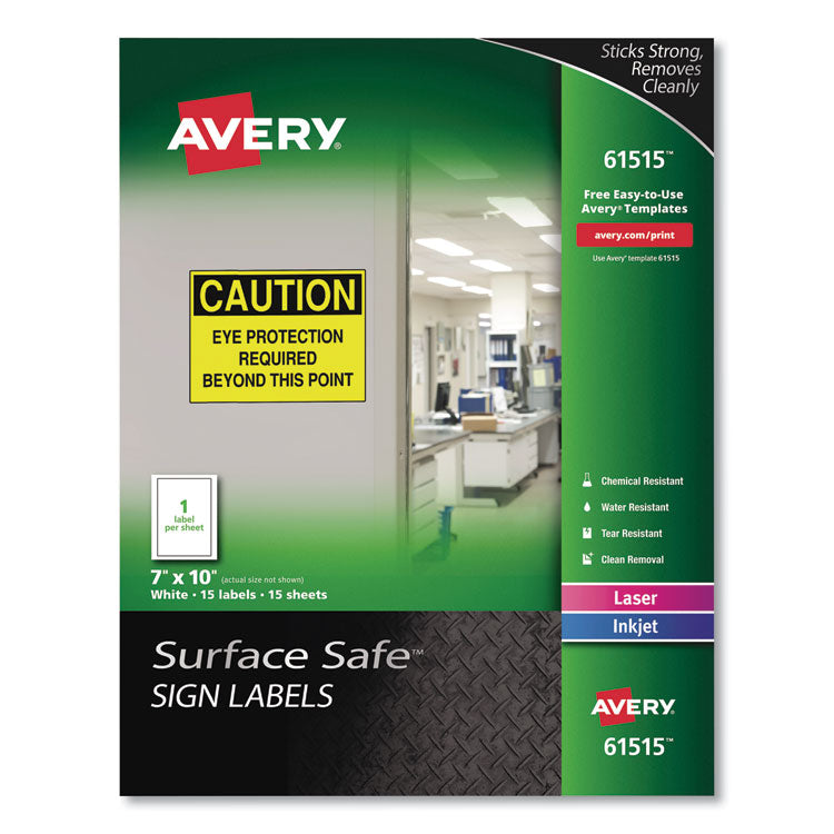Avery Surface Safe Removable Label Safety Signs, Inkjet/Laser Printers, 7 x 10, White, 15/Pack (AVE61515) Pack of 15
