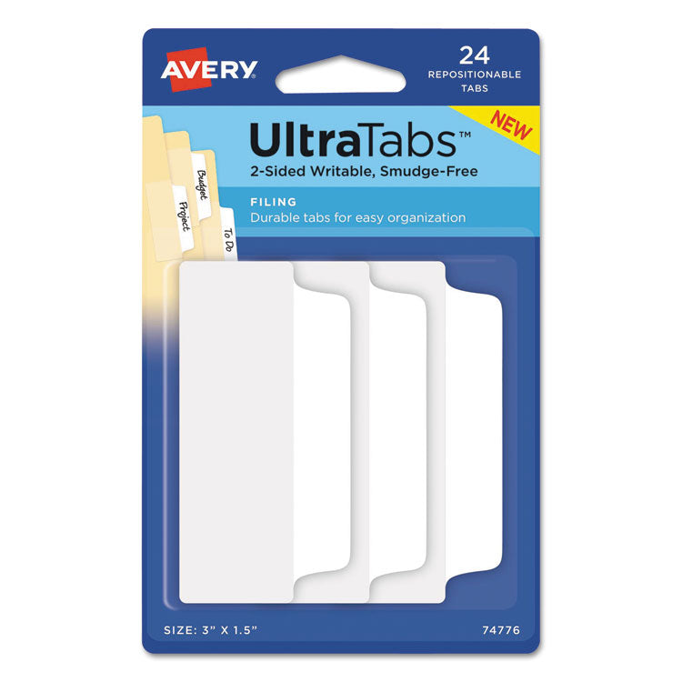 Avery Ultra Tabs Repositionable Tabs, Wide and Slim: 3" x 1.5", 1/3-Cut, White, 24/Pack (AVE74776) Pack of 24