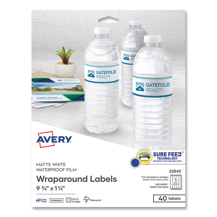 Avery Water-Resistant Wraparound Labels w/ Sure Feed, 9.75 x 1.25, White, 40/Pack (AVE22845) Pack of 40