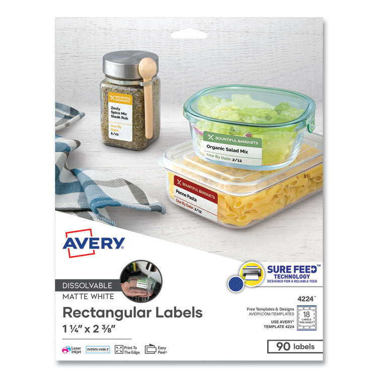 Avery White Dissolvable Labels w/ Sure Feed, 1.25 x 2.38, White, 90/PK (AVE4224) Pack of 90