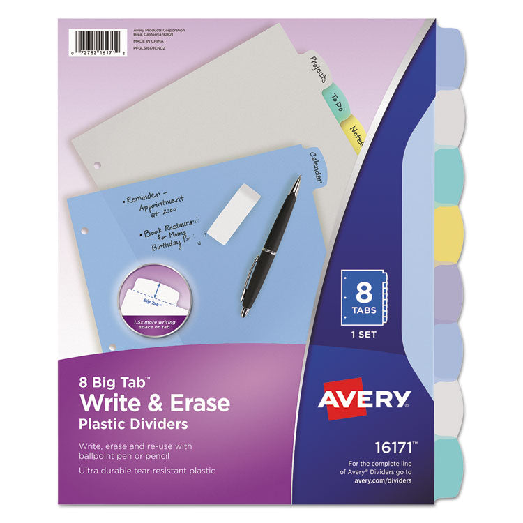 Avery Write and Erase Big Tab Durable Plastic Dividers, 3-Hole Punched, 8-Tab, 11 x 8.5, Assorted, 1 Set (AVE16171) Set of 8