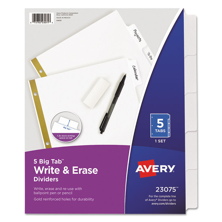Avery Write and Erase Big Tab Paper Dividers, 5-Tab, 11 x 8.5, White, White Tabs, 1 Set (AVE23075) Set of 5