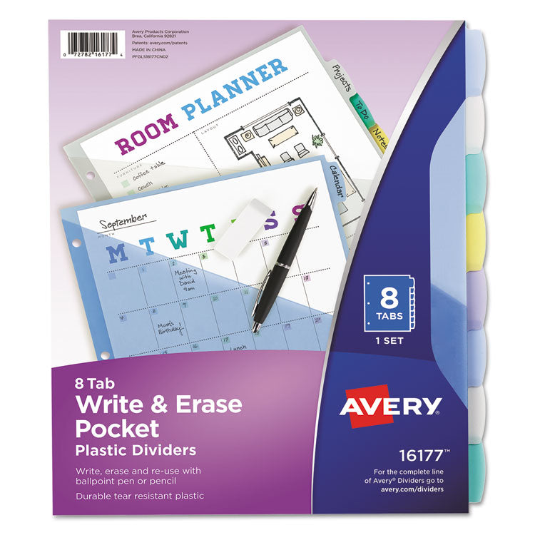 Avery Write and Erase Durable Plastic Dividers with Slash Pocket, 3-Hold Punched, 8-Tab, 11.13 x 9.25, Assorted, 1 Set (AVE16177) Set of 8