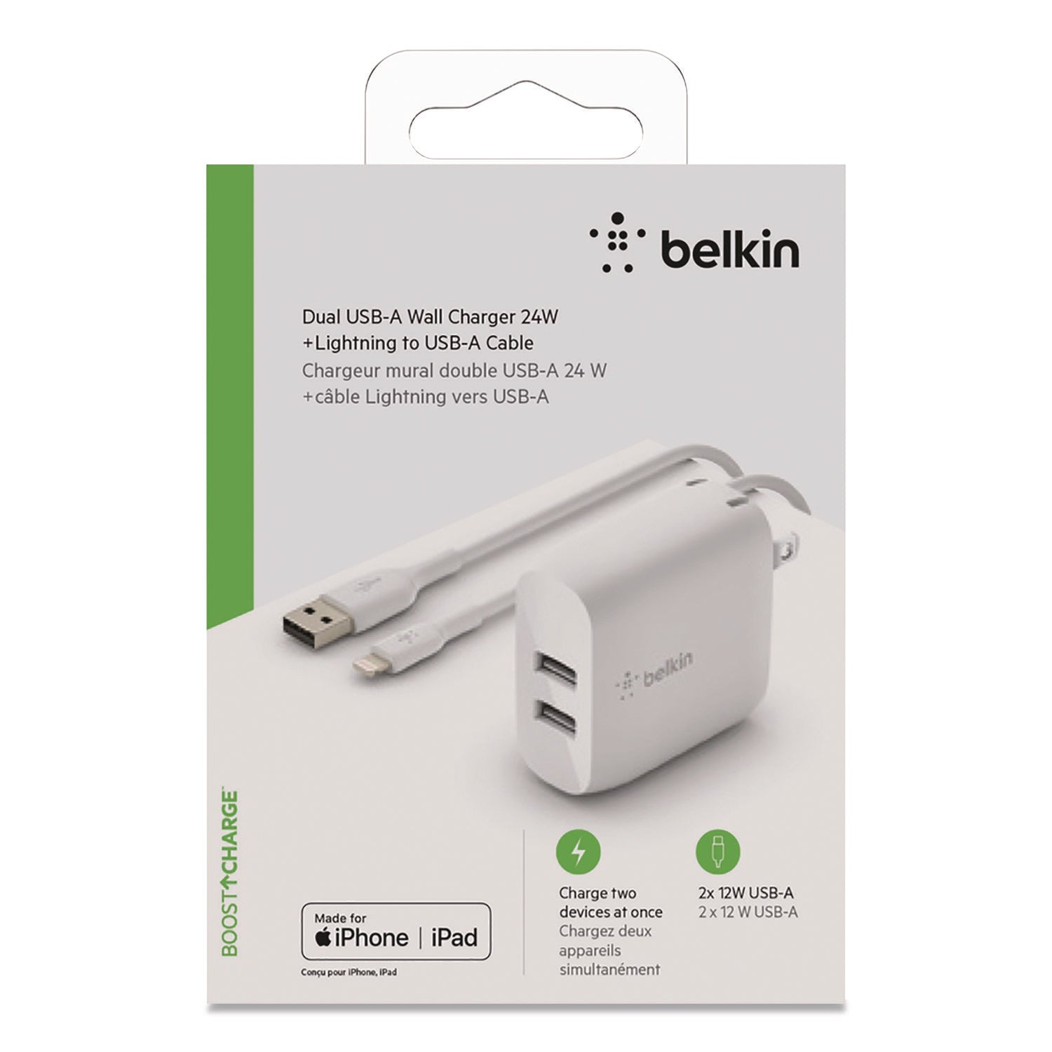 Belkin BOOST CHARGE Dual USB-A Wall Charger   Lightning to USB-A Cable, White (BLKWCD001DQ1MWH) Each