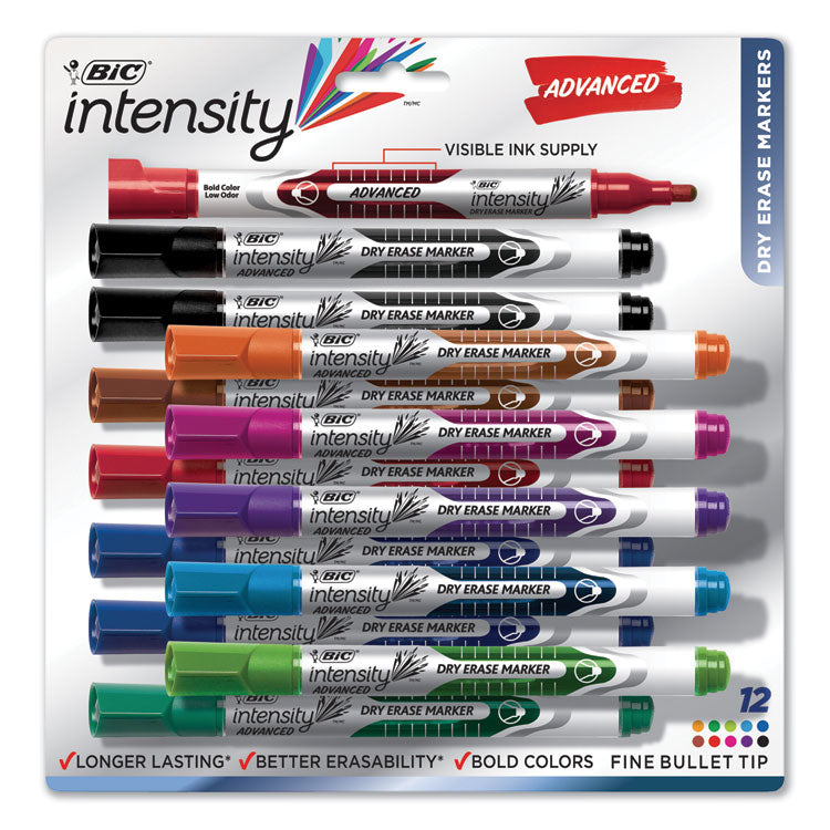 BIC Intensity Advanced Dry Erase Marker, Pocket-Style, Medium Bullet Tip, Assorted Colors, Dozen (BICGELIPP121AST) Pack of 12