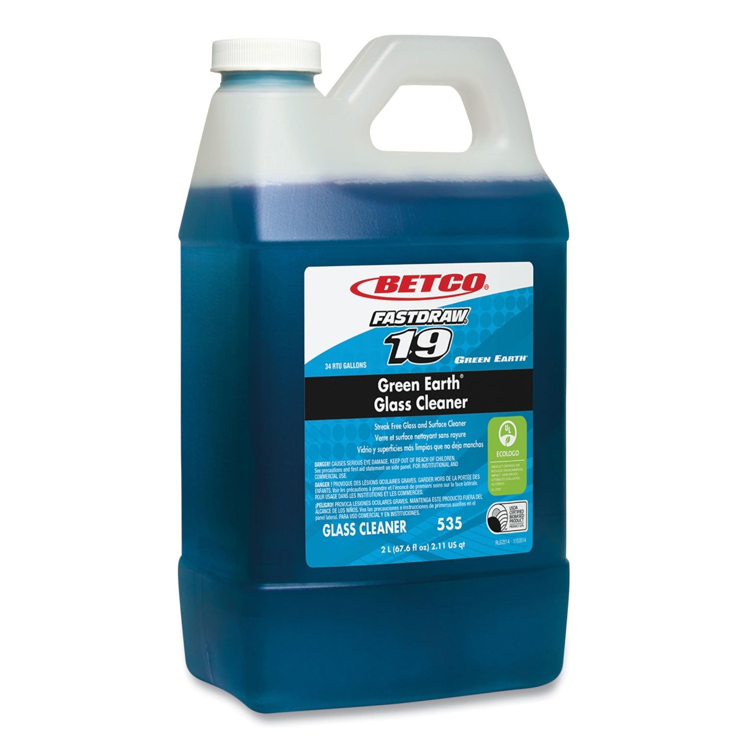 Betco Fastdraw 19 Green Earth Glass Cleaner, Pleasant Scent, 2 L Bottle, 4/Carton (BET5354700) Case of 4
