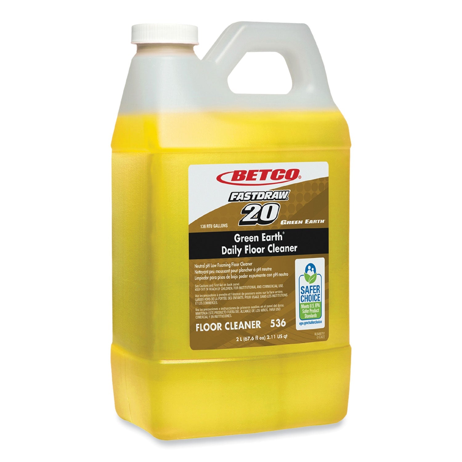 Betco Green Earth Daily Floor Cleaner, 2 L Bottle, Unscented, 4/Carton (BET5364700) Case of 4