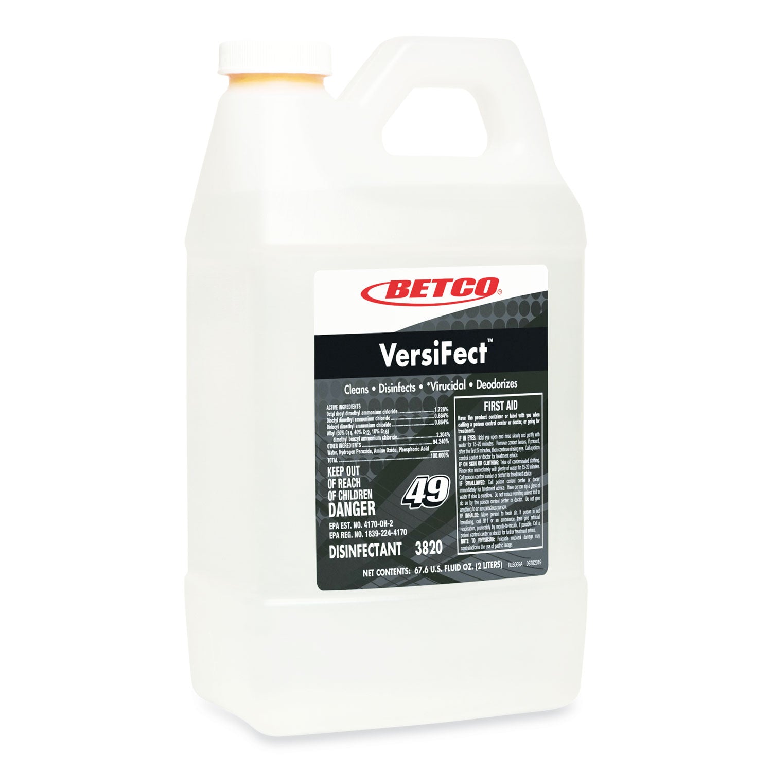 Betco VersiFect Cleaner Disinfectant, Fresh Scent, 2 L Bottle, 4/Carton (BET38204700) Case of 4