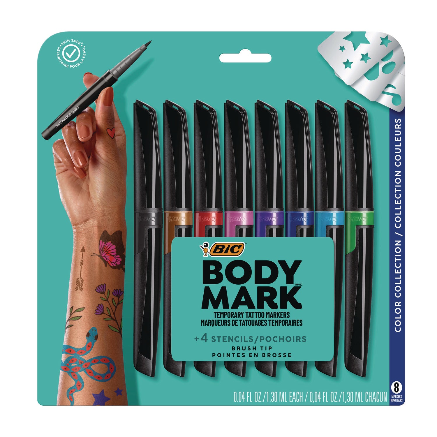 BIC BodyMark Temporary Tattoo Markers, Fine Brush Tip, Assorted Colors, 8/Pack (BICMTBP81AST) Pack of 8